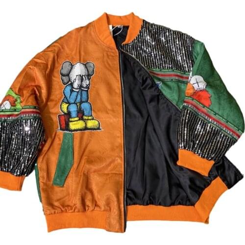 Autumn Fashion Sequin Stitching Jacket Women Loose Loose Cartoon Printing 2021 Zipper Cardigan Coats Baseball Tops Long Sleeve