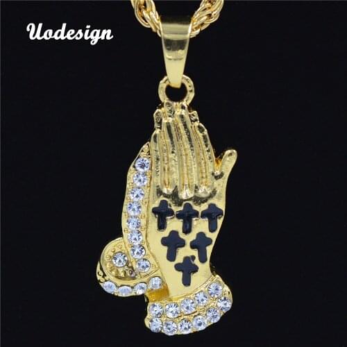 Hiphop Prayer Hand Charm Pendant Necklace Iced Out Crystal Praying Hands With Cross Religious Necklace For Men
