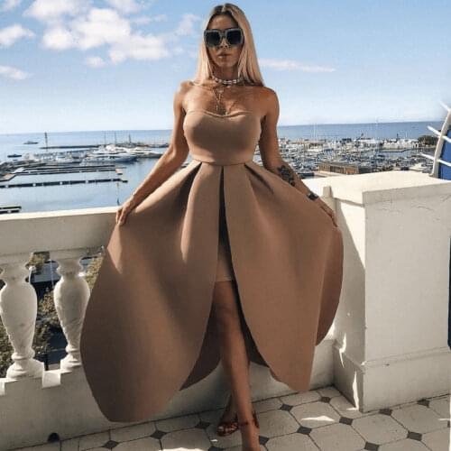 Sexy Strapless Maxi Dress Elegant Scuba Material Sleeveless Asymmetrical Hem High Waist Fashion Petal Party Club Bodycon Dress