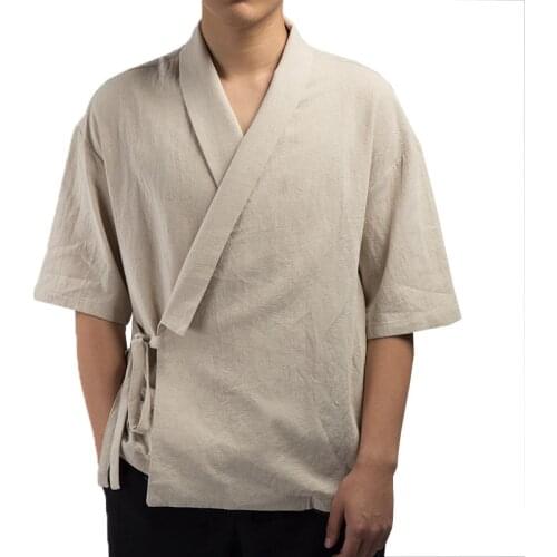 Men Shirt Kimono Japanese Harajuku Mens Shirt Linen Retro Origin Streetwear Cardigan Outwear Traditional Open Stitch Shirts