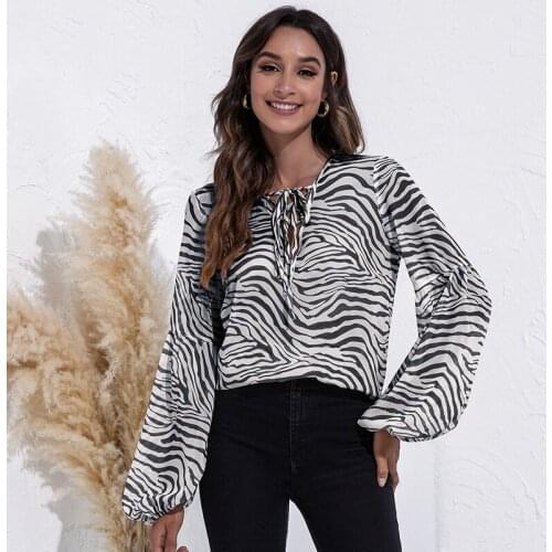 Long-Sleeved Shirts Ladies Clothes Zebra Pattern Printing V-Neck Bandage Long Sleeve Loose Streetwear Lady Casual Shirt Tops