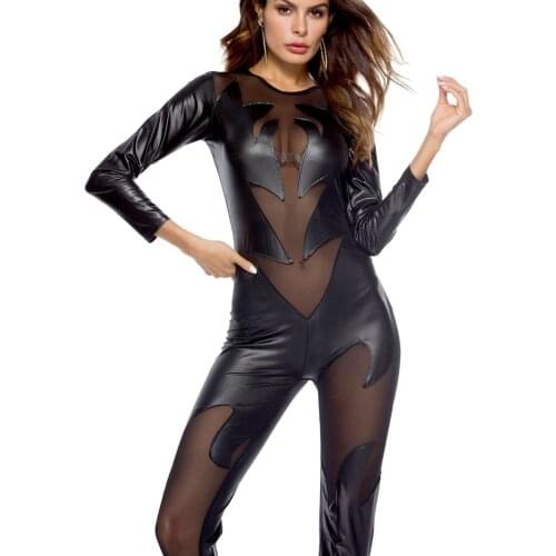 Sexy wetlook Faux Leather Mesh Catsuit Halloween PVC Latex Bodysuit Clubwear fetish hot erotic Pole Dance Lingerie Sexy Costumes