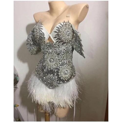 Silver Crystal Bodysuit Sparkly Celebrate Dress Women Feather Leotard Outfit Female Bar Dance Stage Party Dance Costume