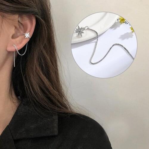 Single Long Tassel Threader Stud Earrings For Women Silver Color Sparkling Star Shape Ear Cuff Female Trend Wild Ear Jewelry