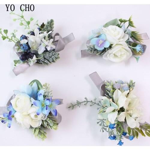 Blue Groom Boutonniere Pin Flower Silk Roses Bride Wrist Corsage Flower Wedding Bracelet for Bridesmaid Prom Mariage Accessories