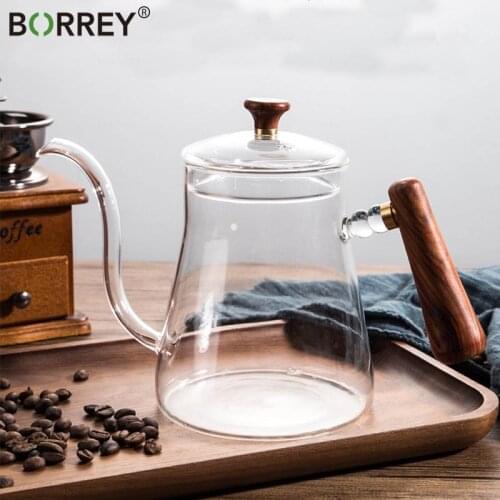 BORREY Wooden Handle Glass Long Mouth Coffee Pot Gooseneck Swan Neck Thin Mouth Kettle Brewers Hand-Made Coffe Maker Drip Kettle