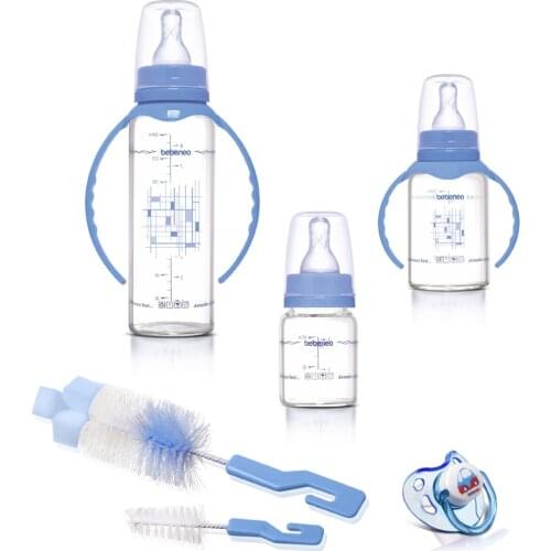 Heat resistant glass feeding bottle, bottle brush, pacifier, baby gift set, glass feeding bottle set