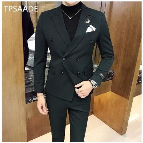 TPSAADE (Jacket+Pants) 2020 Mens Fashion Boutique Solid Color Three-breasted Formal Business Suit Groom Wedding Dress Mens Suit