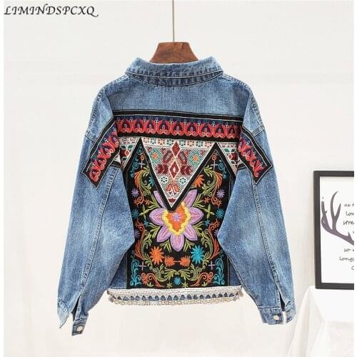 Boho Denim Jacket For Women Autumn Floral Appliques Embroidery Coat Long Sleeve Outerwear Female Jacket Coats Chaquetas Mujer