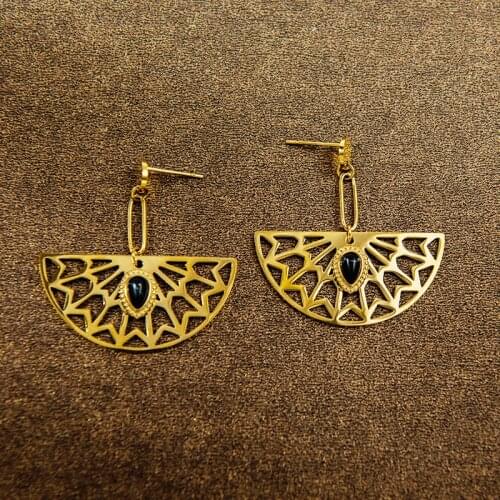 Fever&Free Bohemian Drop Earrings For Women Gold Stainless Steel Geometric Hollow Out Black Stone Fashion Party Jewelry Gift