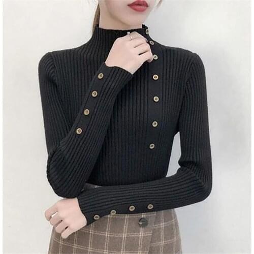 Women Autumn Turtle Neck Solid Color Knit Sweater Elastic Slim Pullover Jumpers Buttons Decor Slim Ribbed For Female Clothes
