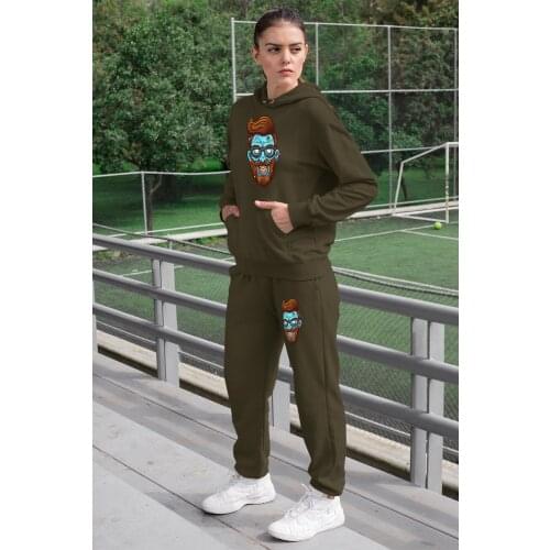 Angemiel Wear Entel Glasses Zombie Women Tracksuit Set Green Hooded Sweatshirt Green Sweatpants