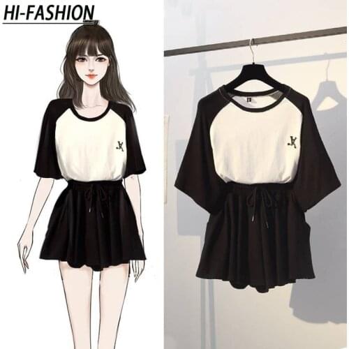 HI-FASHION Summer Women two piece set Casual O-Neck tops + shorts Skirts Elastic waist Drawstring Pockets womens tracksuit