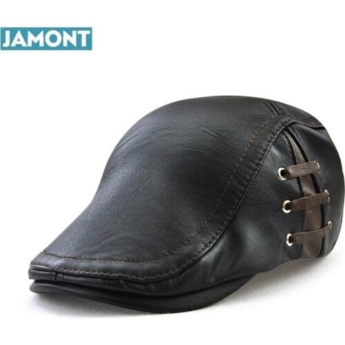 JAMONT Winter Autumn Artificial PU Leather Beret Hats Unisex Men Women Flat Visor Caps Boina 3 Solid Colors Can Adjustable Cap