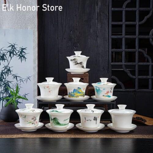 150ml Dehua Hand Painted Landscape Jade Porcelain GaiWan White Ceramic Sancai Tea Cup Chrysanthemum Tea Celadon Drinkware Set