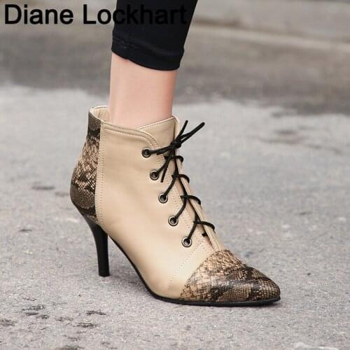 2020 Women Snake print Ankle Boots Lace Up Pointed Toe Pu Leather Thin High Heel All Match Women Fashion Botas Size 31 32 33 46