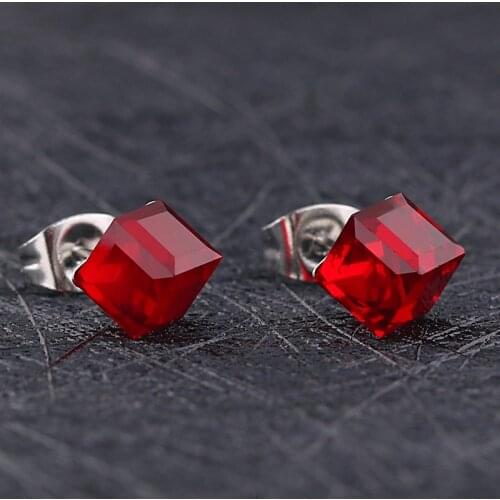 2020 fashion jewelry men Accessories punk Stainless steel cube small earrings Steel color zircon red black blue earrings couple