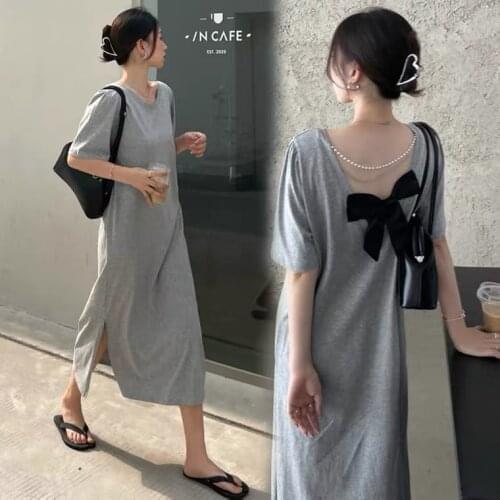 86632# Maternity Clothes Summer Cotton Short Sleeves Loose Bow Knot Decoration Dress Pregnant Women Mom Dress