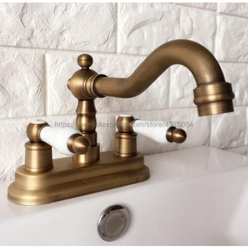 Antique Brass Double Handle Bathroom Wash Basin Mixer Taps / 2 Hole Deck Mounted Swivel Spout Vessel Sink Faucets Nan062
