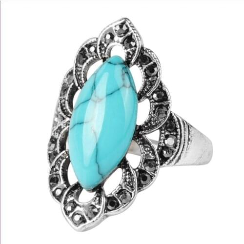 FYSL Antique Silver Plated Marquise Shape Green and Red Turquoises Stone Finger Ring Charm Jewelry