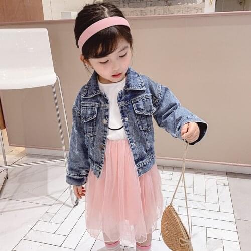 Toddler Girls Outfit Set Fashion Korean Long Sleeve Smiley Printing Net Yarn Dress Denim Coat 2pcs for Girl Kids 2020 Autumn New