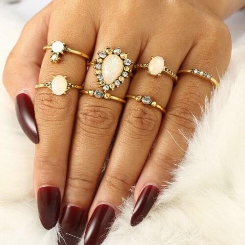 Bohemian ethnic style sweet fashion jewelry alloy opal geometric female joint ring set wedding gift