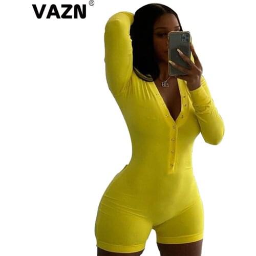 VAZN 2020 New Yellow Energy Daily Young Regular Soft Elastic Elegant Sexy Style Full Sleeve Women High Waist Skinny Playsuits