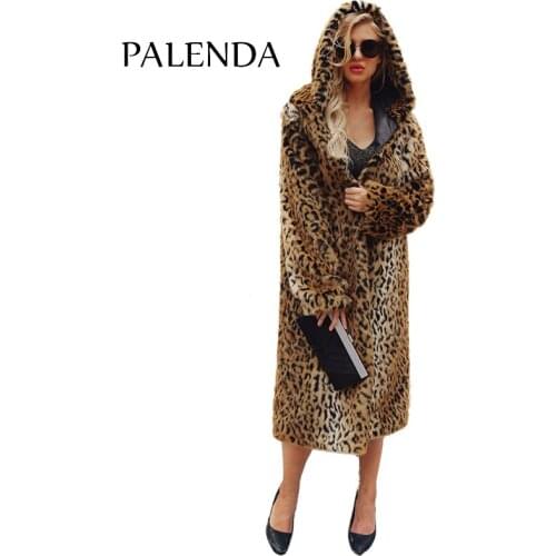 New women warm faux fur coat X-long with fur trim hood coat Cheetah pattern material oversized thick warm coat