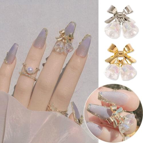 New year manicure crystal bell transparent Christmas nail decoration diamond color real gold bow jewelry pendant