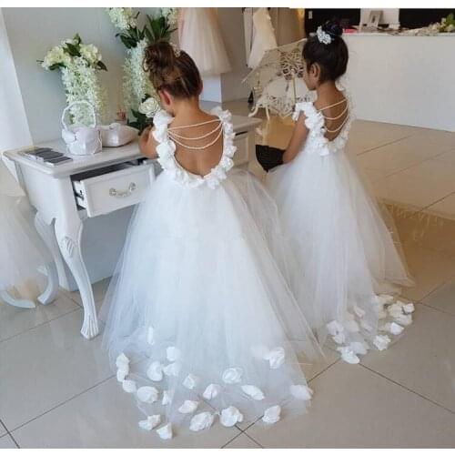 White Flower Girls Dresses For Weddings Ruffles Lace Tulle Pearls Backless Princess Children Wedding Birthday Party dress