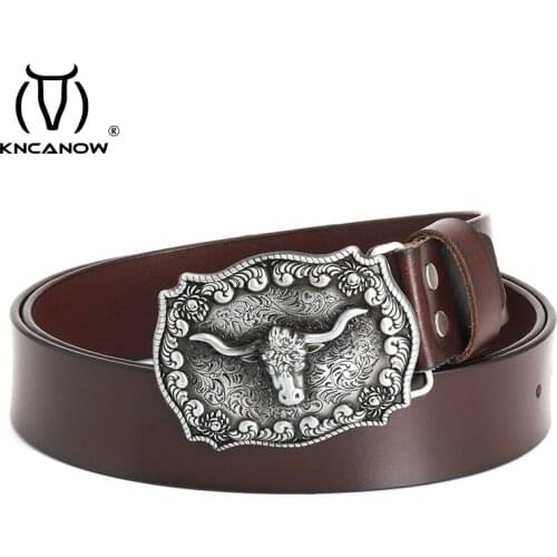 New Fashion Mens Leather Belt Retro Bull Head Handmade Belt Jeans Wide Luxury Belt Genuine Leather Belt Mens Gift Harajuku