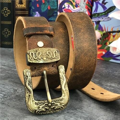 Chinese Dragon Cowboy Brass Belt Buckle Men' Belt Ceinture Homme Yellow Belt Male Wide Jeans Men Leather Belt Riem MBT0099