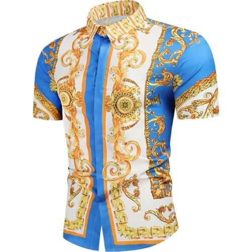New Large Size Mens Casual Blouse Slim Fit Short Sleeve Shirts 2021 Summer Men Paisley Print Luxury Royal Chemise
