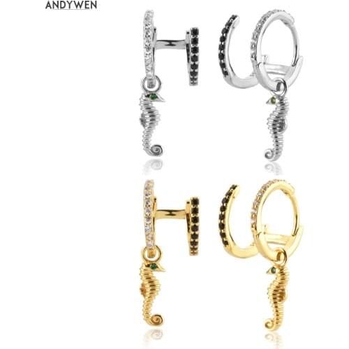 ANDYWEN 925 Sterling Silver Gold Black Clear Circle Earcuff Drop Earring Hippo Animal Two Circle Luxury Jewelry Circle Clips