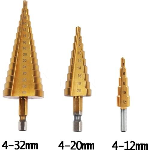 HSS Steel Titanium Step Drill Bits Cone Cutt Tools Wood Hole Cutter Step Cone Drill Bit Set 4-12mm 4-20mm 4-22mm 4-32mm