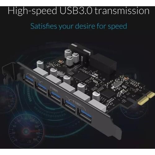 USB3.0 5-Port PCI-E Expansion Card with Dual Chip High-Speed With 20 Pin Slot -Black