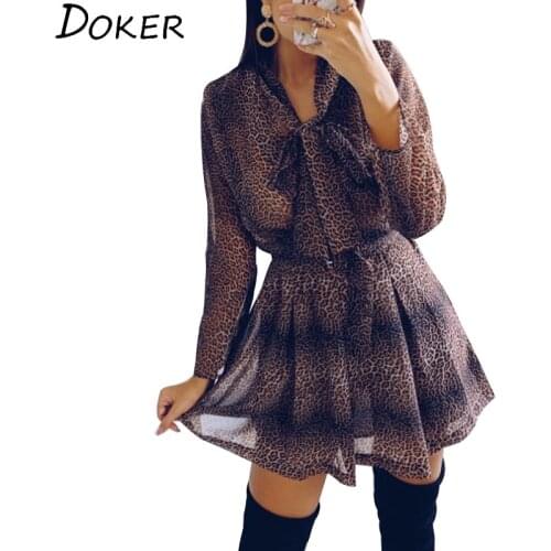 2020 Spring Summer New Chiffon Leopard Dress Women Clothes Fashion High Waist Loose Long Sleeve Dress Party Mini Dresses
