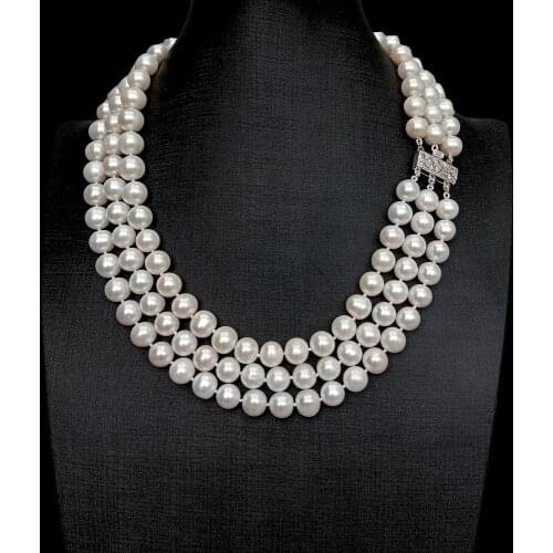 Y.YING 3 strands Natural Real Cultured White Potato Shape Pearl 10-11mm Necklace 925 Silver Clasp