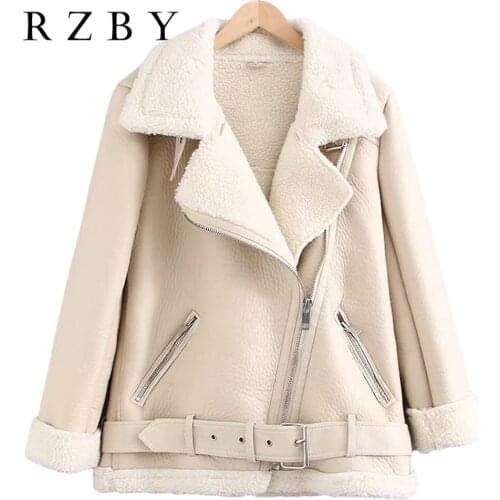 Sleeved Long Fur Loose Belt Warm Womens Jacket Lamb Wool Winter Thickened Locomotive Lapel Female Coat Chic PU Tops RZBY218