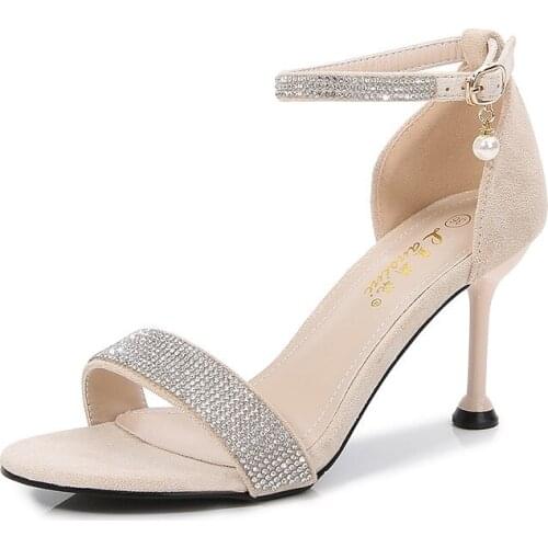 Women Sandals Fashion High Heels Sandals Shoes Round Toe Rhinestones Flock 6CM 8CM Thin High Heels Buckle Strap Shallow black