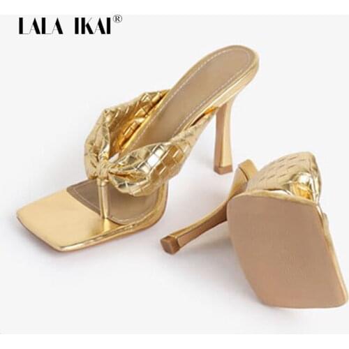 LALA IKAI Women Sandals 2020 Summer Rome Square Head High Fine Heels Shoes Fashion Flip-flop Sandal Shoes Woman XWC10210-5