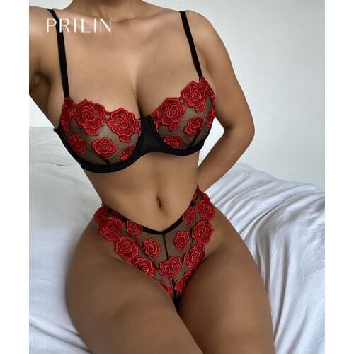 Women Sexy Lingerie Set Lace Floral Push Up Bra & Sex Panties Embroidery Hot Transparent Erotic Underwear Black Red