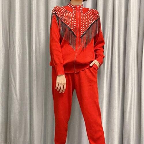 Heavy work Chain Tassel Beaded Knit Outfits Women Tracksuit Set Long sleeve Cardigan sweater Pencil Trousers Knitted Casual Sets