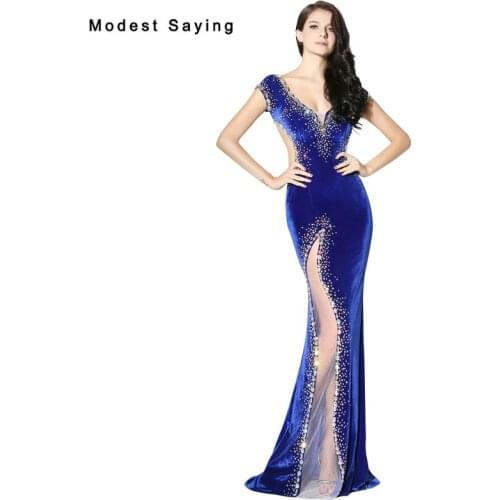 Sexy Royal Blue Mermaid Velvet Evening Dress 2017 with Rhinestone Formal Engagement Long Party Prom Gowns vestido longo de festa