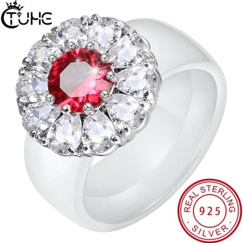 S925 Sterling Silver Rings for Women Red White Ceramic Ring Square Big CZ Rings Healthy Ceramic Rings Engagement Jewelry Gift