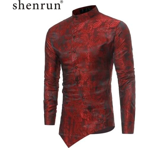 Shenrun Men Shirt Long Sleeve Stand Collar Fashion Design Groom Shirts Singer Dancer Host Dress White Black Red Blue Champagne