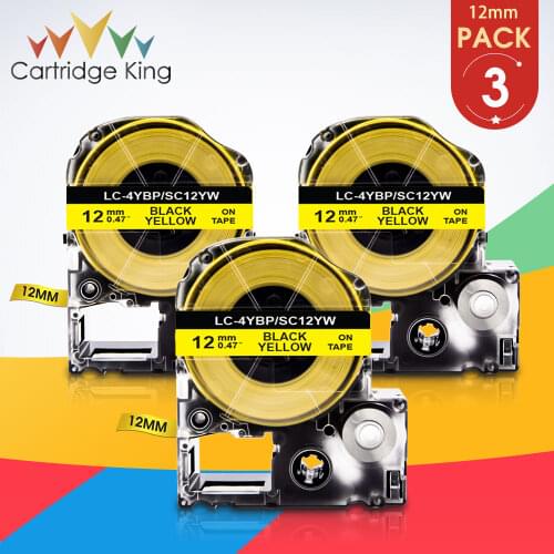 3PK Black on Yellow 12mm Width SC12YW Label Tape LK-4YBP Labeling Cartridge Compatible for Epson ,King Jim ,TepraPro Label Maker