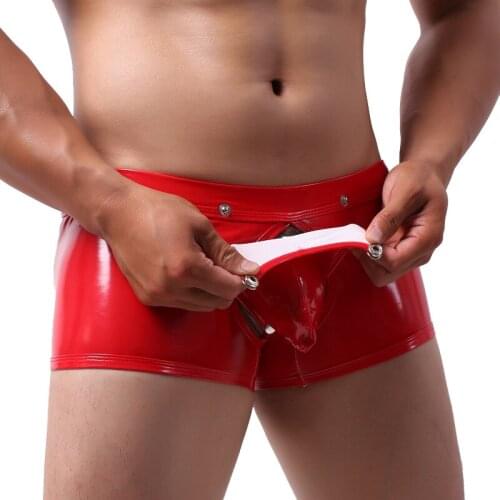 Richkeda Store New 2021 Men Boxer Shorts Big Penis Bag Panties Sexy Low Waist Patent Leather Buttons Erotic Gay Underwear Hollow