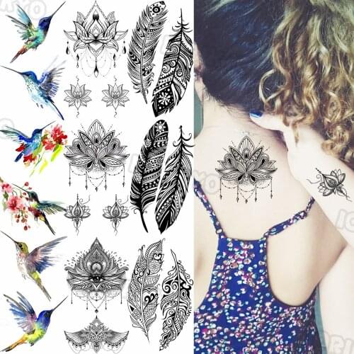Black Henna Temporary Tattoos For Women Adults Realistic Feather Hummingbird Fake Tattoo Sticker Back Arm Water Transfer Tatoos