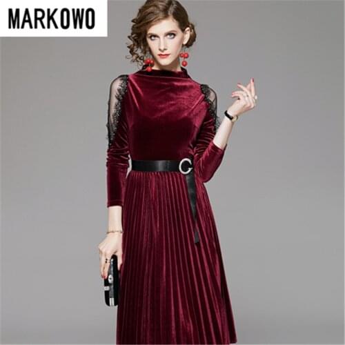MARKOWO Designer Brand 2020 Early spring new lace stitching gold velvet dress female mid-length temperament pleated skirt